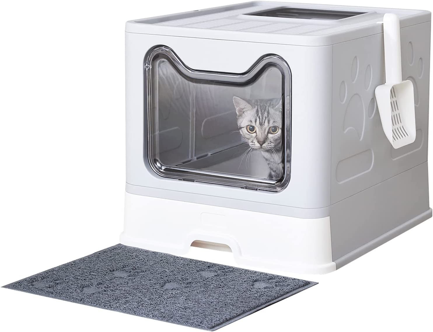 Cat Litter Box with Litter Mat and Scoop, Large Foldable Litter Box with Lid, Fr