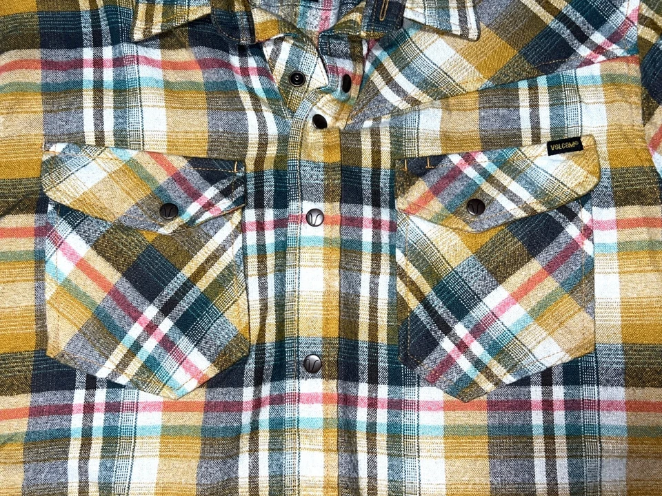 Volcom Yellow Plaid Striped Snap Button Down Flannel Long Sleeve Shirt Top Men M - Image 4 of 4