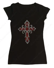 Women's Rhinestone T-Shirt  " Red Twisted Cross " in S, M, L, 1X, 2X, 3X
