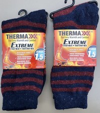 2 Pair Womens THERMAXX Extreme Thermal Winter Crew Socks Navy/Wine Stripes 9-11