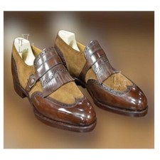 Handmade Men's Brown Pure Leather Suede Fringe Loafer Monk Strap Shoes, Sale !!!