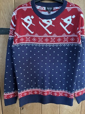 Boohoo Mens Christmas Jumper Ski Fair Isle Size XS- Navy White Red BNWT  UK