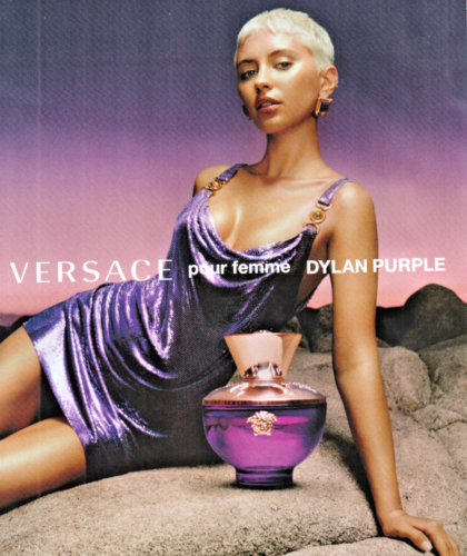 2024 Versace Print Ad Poster 8"x11" Fragrance Dylan Purple Sexy Blonde Man Cave