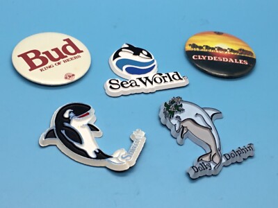 Vintage SeaWorld Magnets Shamu,  Dolly Dolphin,  Bud King of Beers,  Clydesdales