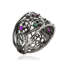 925 Sterling Silver Ruby and Emerald Filigree Ring