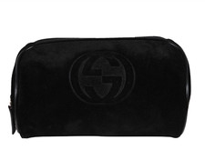 Gucci Toiletry Bag Embossed GG Logo Black Suede Cosmetic Travel Clutch Bag