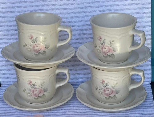 Pfaltzgraff Tea Rose Stoneware 8 Oz Coffee Mugs Tea Cups and Saucers Hot Juice