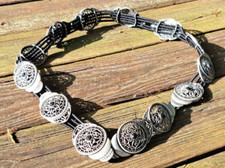 Chicos One Size Stretch Black Cord Silver Concho Adjustable Belt Boho Medallion