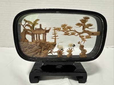 Vtg San Diorama Cork Hand Carved Pagoda Trees & Cranes. 4.5x3.5