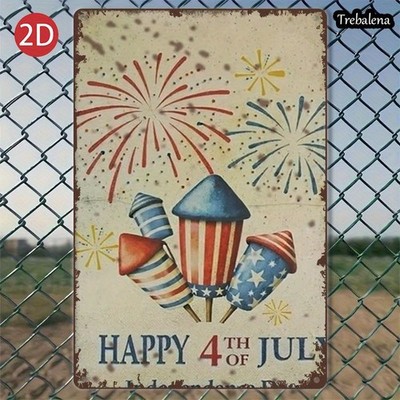 Happy 4th of July Fireworks Metal Sign Patriotic Independence Day Decoration