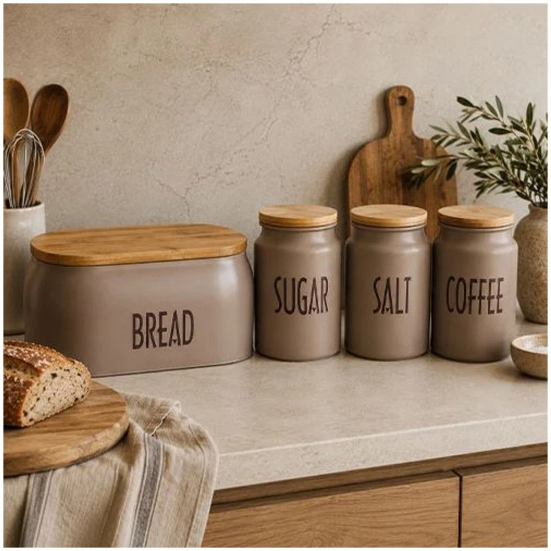Barattolo Sale BRANDANI Tortora Metallo Tappo Bamboo 15cm Contenitore Cucina, fotografia 4 di 9