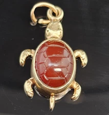 14K Gold Sloan TURTLE CARVED CARNELIAN SHELL Charm Pendant 3D Vintage Tortoise