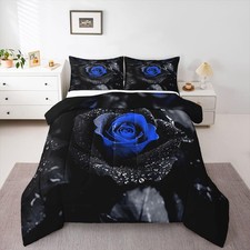Rose Comforter Set for Kids Boys Girls Black Blue Rose Floral Flower Comforte...