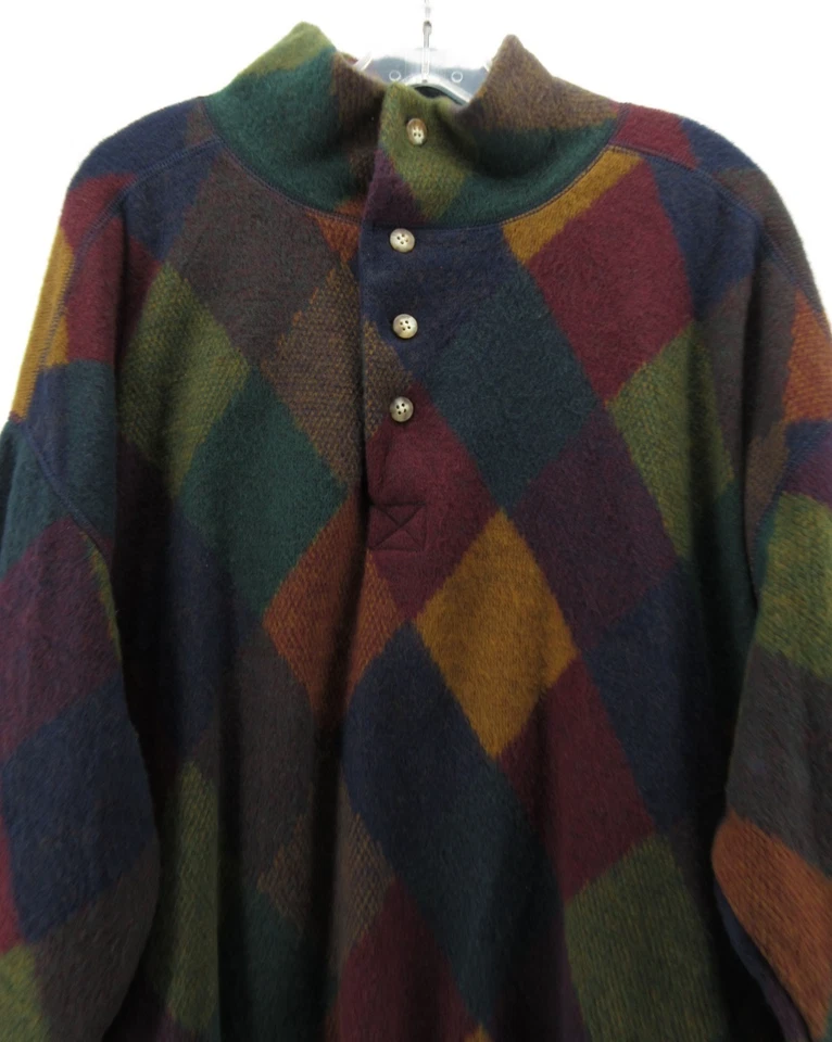 VINTAGE Structure Sweater Men Large Blue Henley Argyle 80s 90s Grandpa Colorful - Image 2 of 4