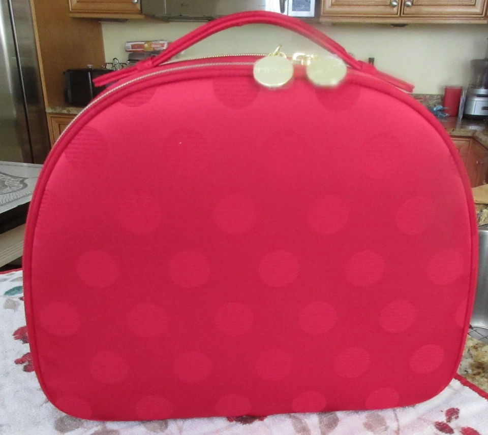 Estuche de Maquillaje Cosmético de Viaje Estee Lauder Fushia Rojo Punteado Dos Cremalleras con Asa Foto 3 de 4