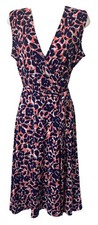 Leota Navy Pink Midi Dress Womens M Sleeveless Faux Wrap Stretch Feminine Career