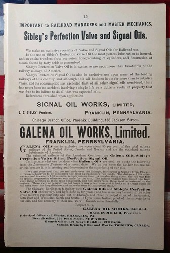 ~1898 Advertising Franklin Pennsylvania Oil Galena Oil Works Sibley Signal Oils