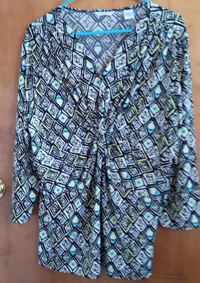 Laura Ashley LS size LARGE Pullover Blouse V- Neck Colorful Geometric Print