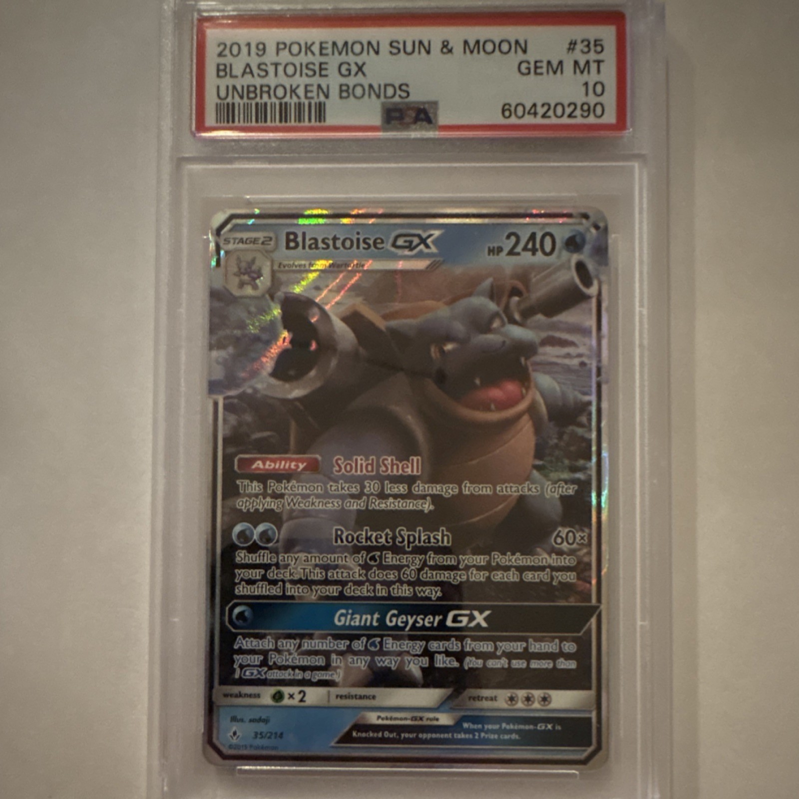 2019 SM Unbroken Bonds Blastoise GX 35/214 Holo Eng PSA 10