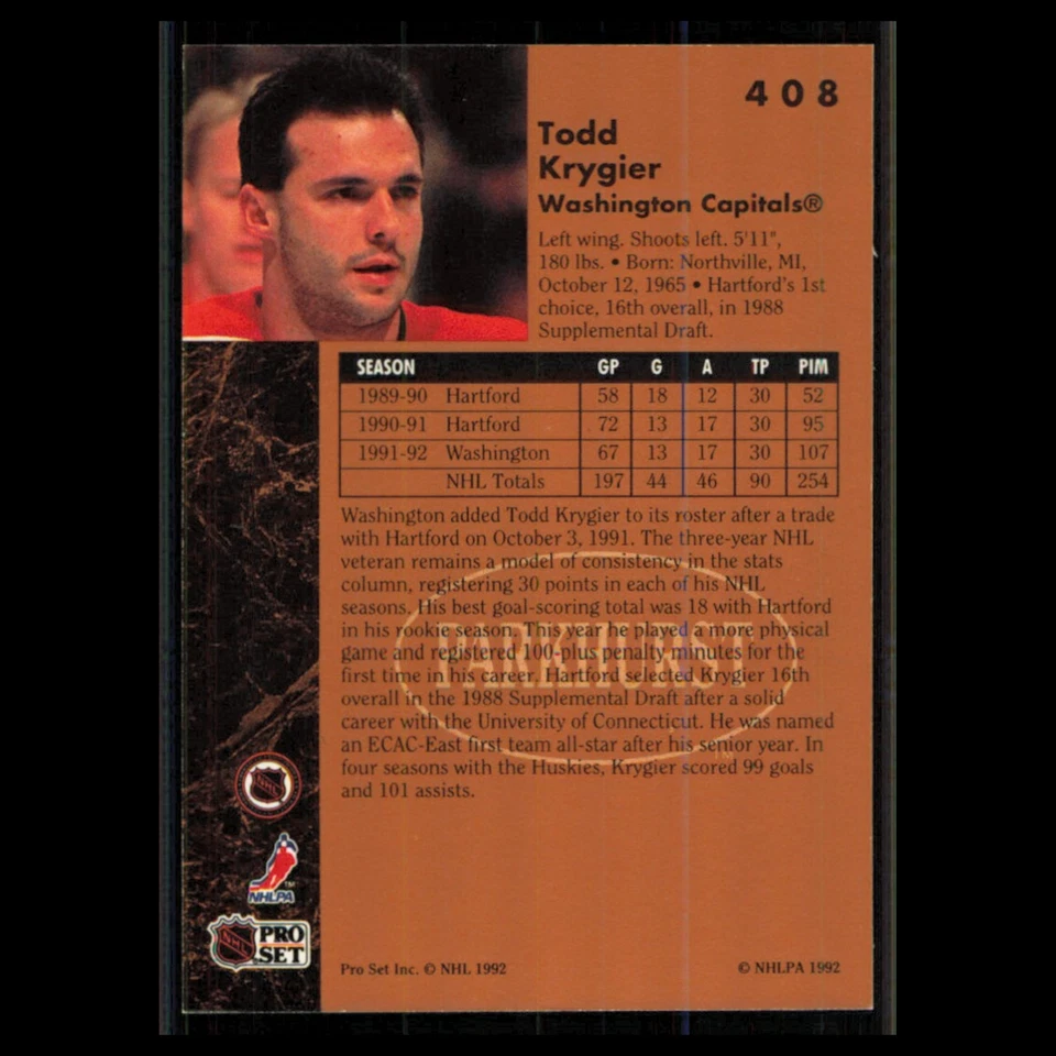 Todd Krygier #408 1991 Parkhurst Washington Capitals Hockey Card NHL NM - Image 2 of 3