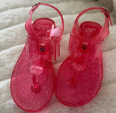 CROWN AND IVY GIRLS SIZE 3 Pink Sparkle Flat Sandal Jelly Thongs Bow Slingback