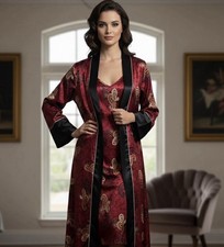 HALSTON 2pc Robe  Gown Set XS/S Red Paisley Satin Pajamas Loungewear Piped