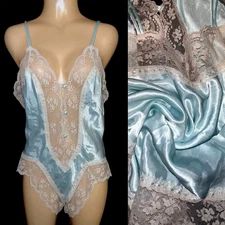 Vtg Val Mode Blue Satin & Lace Teddy M Button Top Romper Snaps Hi Leg