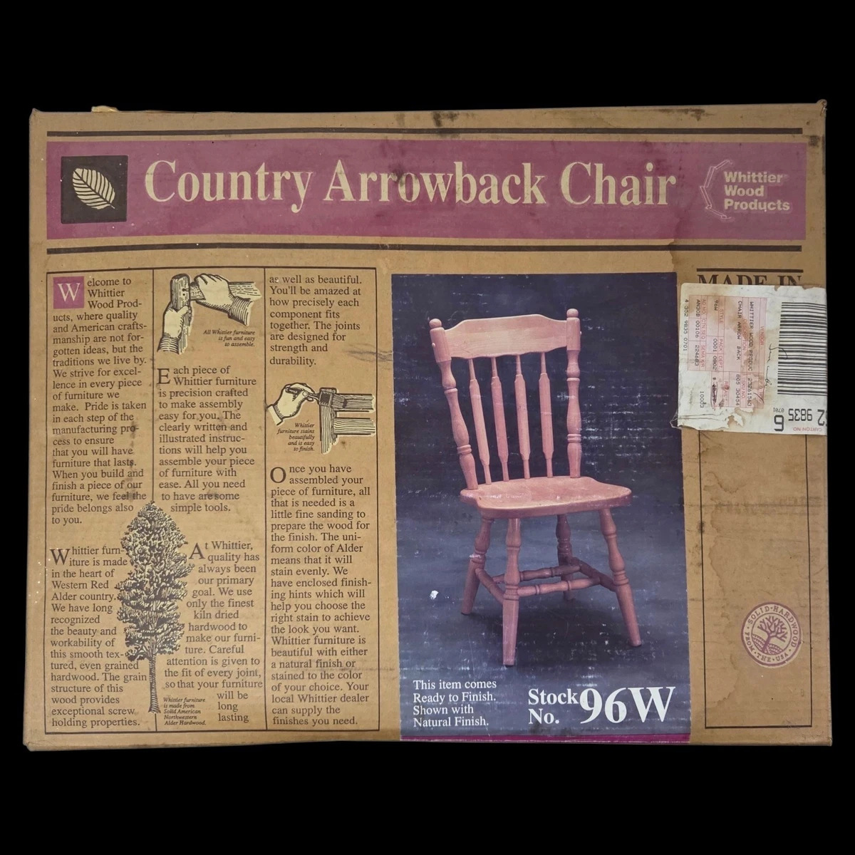Silla de Colección Whittier Wood Products Country Arrowback 96W Madera de Aliso Nueva de Lote Antiguo Sin Acabar
