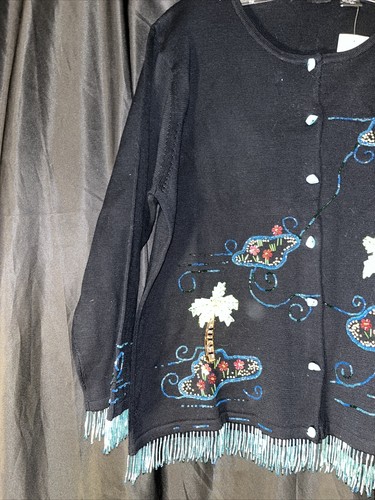 Christina Rotelli Womens Cardigan Sweater Tropics Palm Trees Beading VTG NWT - Picture 2 of 8