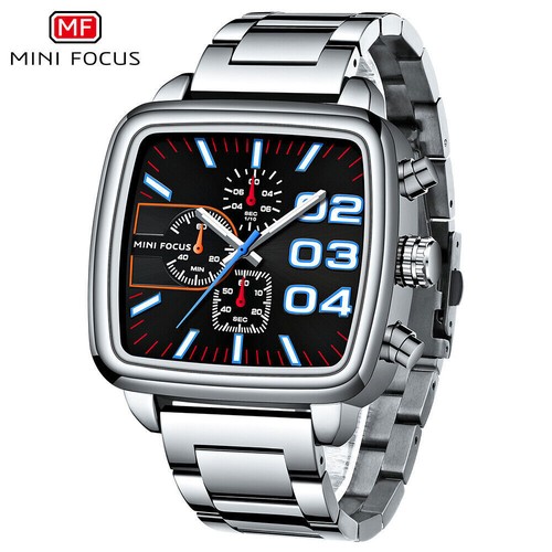 MINI FOCUS Men Rectangle Watch Luminous Wristwatch Big Number Boys Steel Watches - Picture 3 of 25