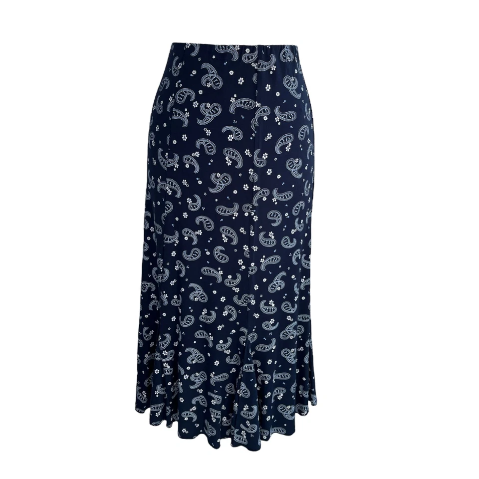 New Ladies Paisley Print Midi Calf Length Godet Skirt Flared Panel Stretchy UK - Image 3 of 4