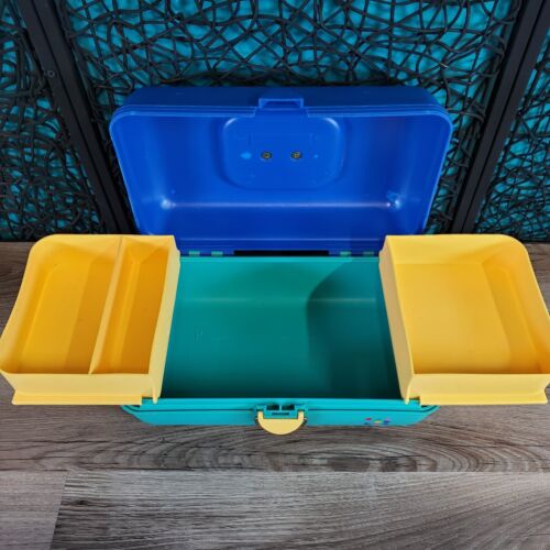 VTG Caboodle Make Up Case Teal BLUE Yellow Travel #2602 SLIDING TRAYS MADE USA - Picture 14 of 18