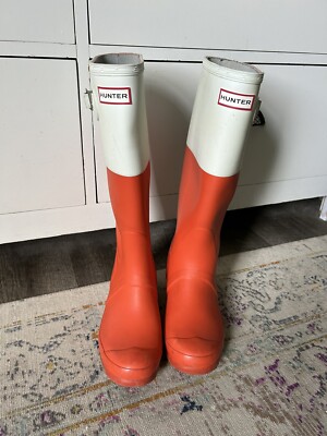 Hunter Original Tall Boots Women's 7 Matte Orange/White Rain