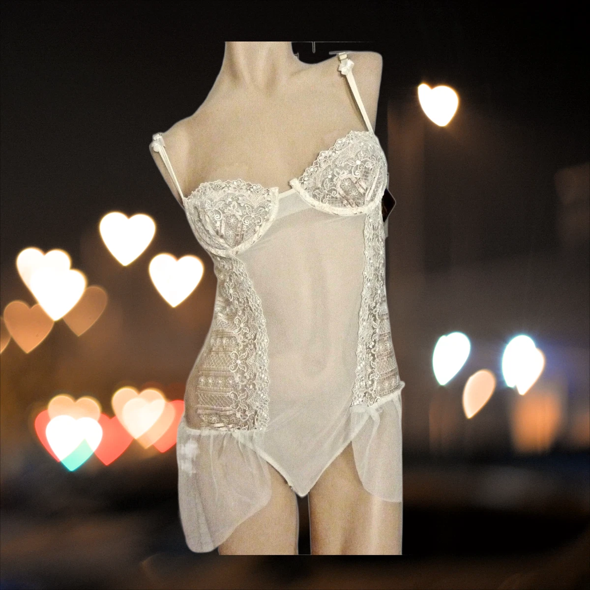 NWT $54 MOVIE STAR BRIDAL LINGERIE S/M/L/XL WHITE & PEACH SHEER CAMI  SLEEPWEAR