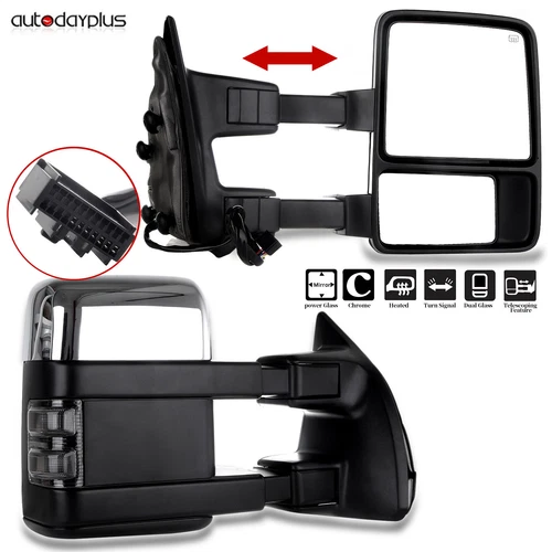 Chrome Tow Mirrors Power Heated Turn Signal For 08-16 Ford F250/F350/F450/F550
