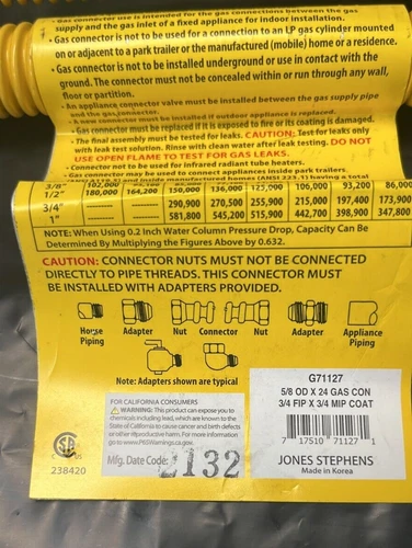 Jones Stephens G71127 24" Stainless Steel Gas Connector - Yellow - Picture 1 of 3