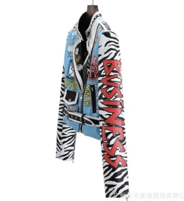 Light Blue Cool Graffiti Cropped Faux Leather Jacket Women