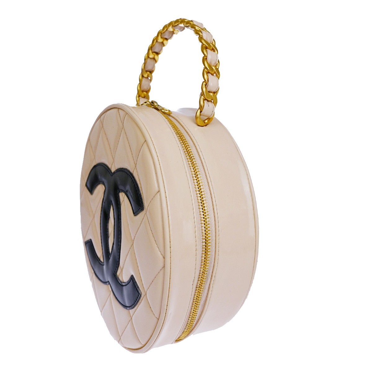 CHANEL CC Matelasse Round Vanity Chain Hand Bag Patent Leather