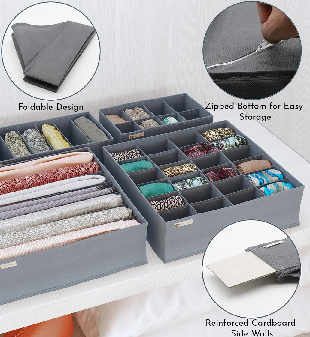  Drawer Organizer for Clothing, 12 Pack Sock Underwear Drawer  Organizer Bins, Foldable Fabric Closet Organizers and Storage Dresser Drawer  Dividers for Baby Clothes, Bra, Scarves, Belt, Tie (Grey)