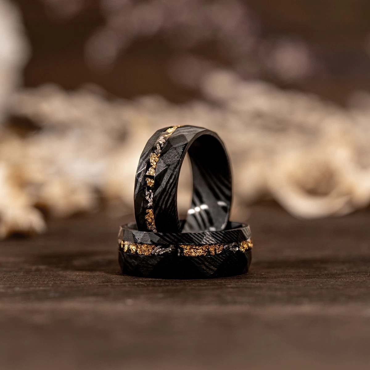 Damascus Meteorite Crushed Gold Leaf Men Wedding Band Black Hammered Ring