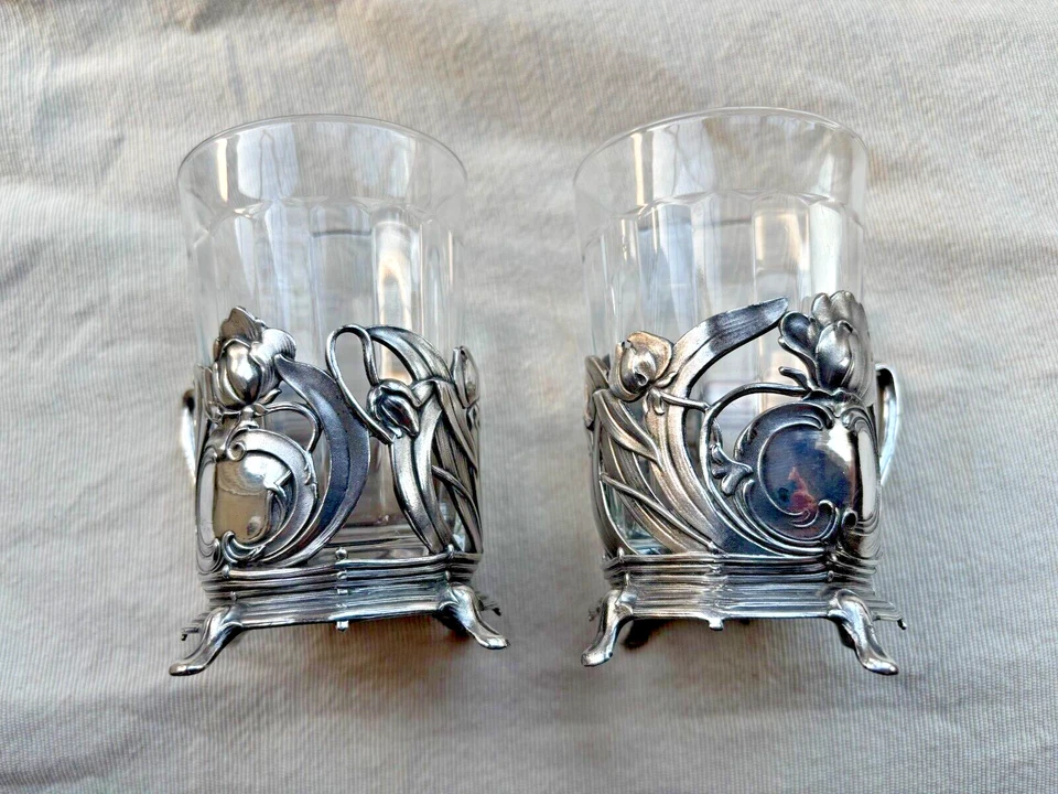 WMF 1910-1918 ART NOVEAU SILVER PLATE TEA GLASS HOLDER PAIR - Image 2 of 4