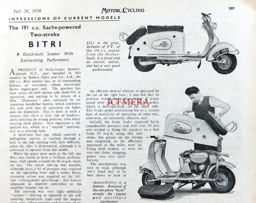 'BITRI' 191cc 2-Stroke Scooter Motor Cycle : 1958 Magazine Clipping