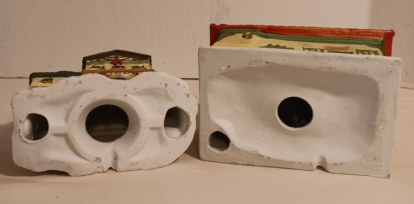 2 Vintage Porcelain Christmas Village Buildings TRAIN STATION & INN 6.5"