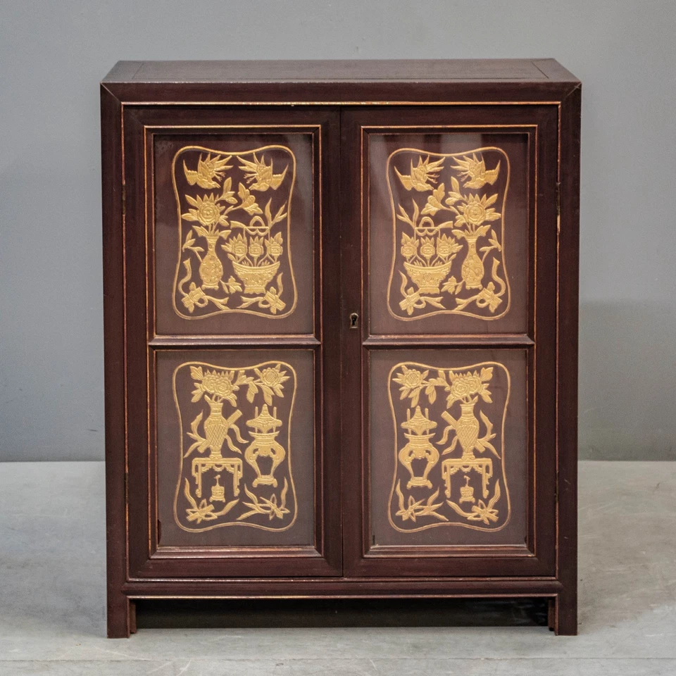 Gabinete frontal chino vintage de vidrio de palo de rosa de 2 piezas con paneles extraíbles Foto 4 de 4