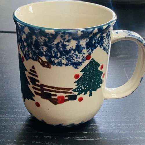 Folk Craft Cabin in the Snow Blue Spongeware Christmas Mug Tienshan Vtg winter