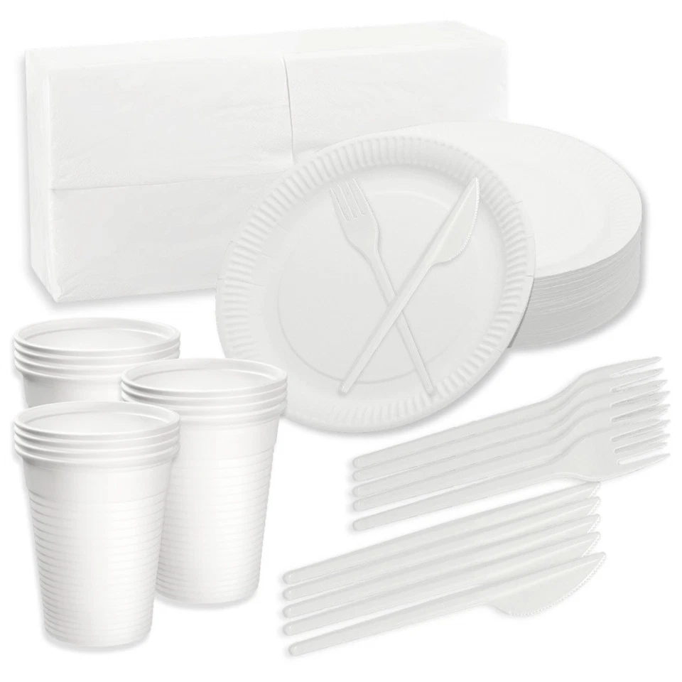 Party Set Einweg 100 Pappteller 100 Gabeln 100 Messer 100 Becher 200 Servietten - Bild 2 von 3