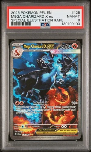 2025 POKEMON PFL SPECIAL ILLUSTRATION RARE #125 MEGA CHARIZARD X EX PSA 8