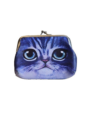 Cute Cat Face Coin Purse   Snap Clasp Mini Change Wallet, Blue Kitty Print