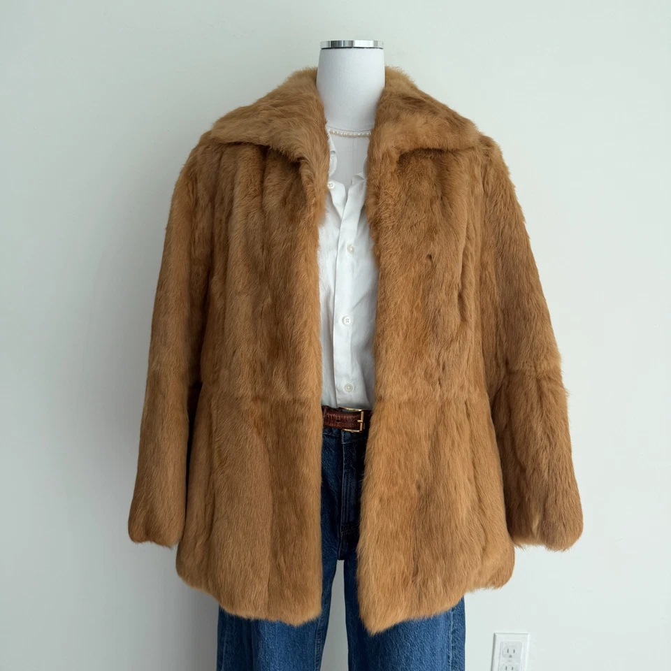 Chaqueta de Colección 100% Piel de Conejo Para Mujer Mediana Marrón Tostado Mob Esposa Años 80 Glam Celeb Foto 3 de 4