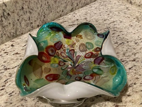 Vintage Murano AVeM "Tutti Frutti" Art Glass Bowl Ruffled 9” Italy